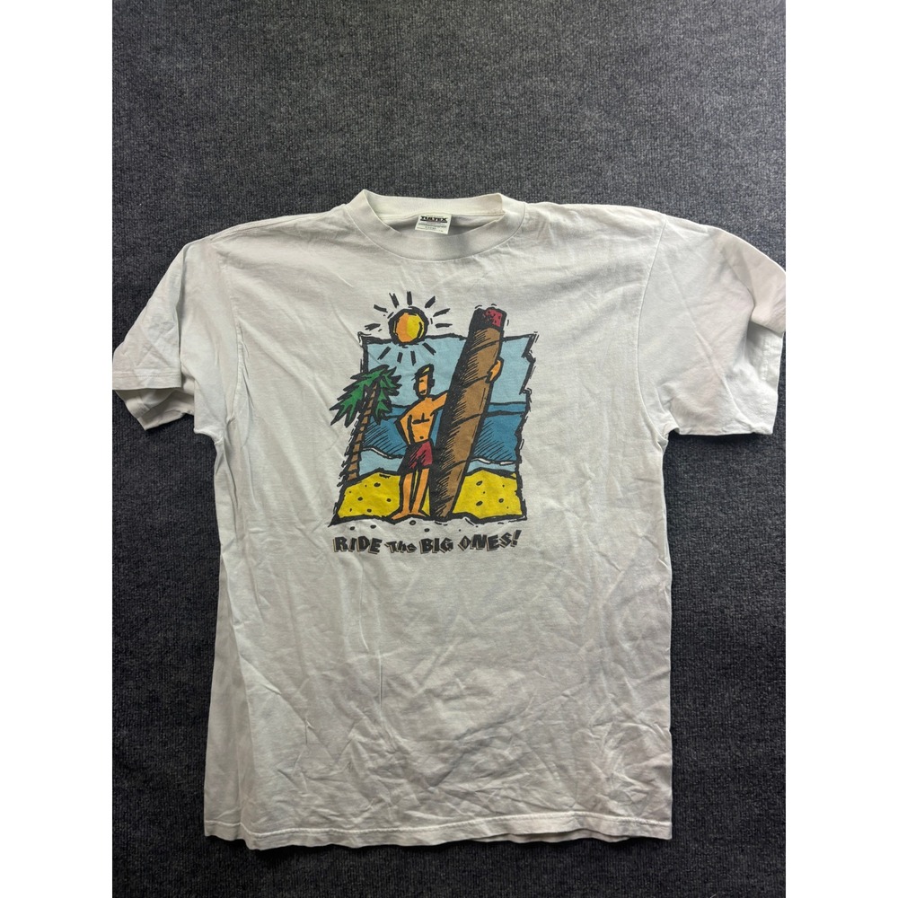 Vintage Surfer Graphic T-Shirt Mens XL White Ride The Big Ones Cigar Surfer